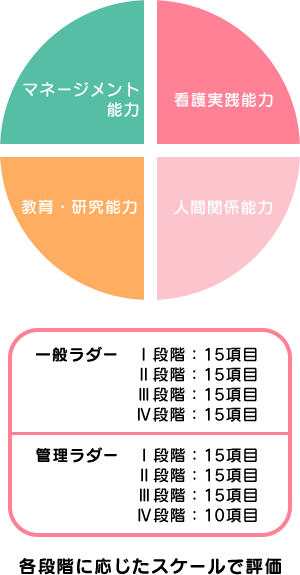 図：看護実践能力、人間関係能力、教育・研究能力、マネージメント能力を一般ラダー、管理ラダーの各段階に応じたスケールで評価します。