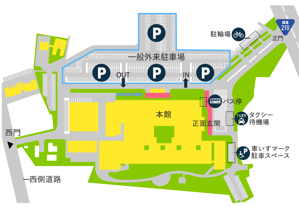 図：国道210号線側、正門から入り左手に本館正面玄関とバス停・タクシー待機場があります。正門から入り右手に緊急・時間外出入口と外来駐車場があります。