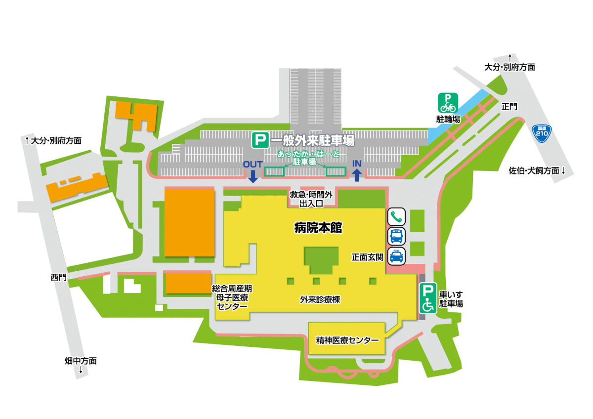 図：国道210号線側、正門から入り左手に本館正面玄関とバス停・タクシー待機場があります。正門から入り右手に緊急・時間外出入口と外来駐車場があります。