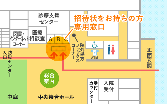 フロア図:本館1階 正面玄関から入り直進、総合案内より右手側に「紹介状をお持ちの方 専用窓口」があります。防災センター入口からは、直進し医療相談室を越え左手側にあります。